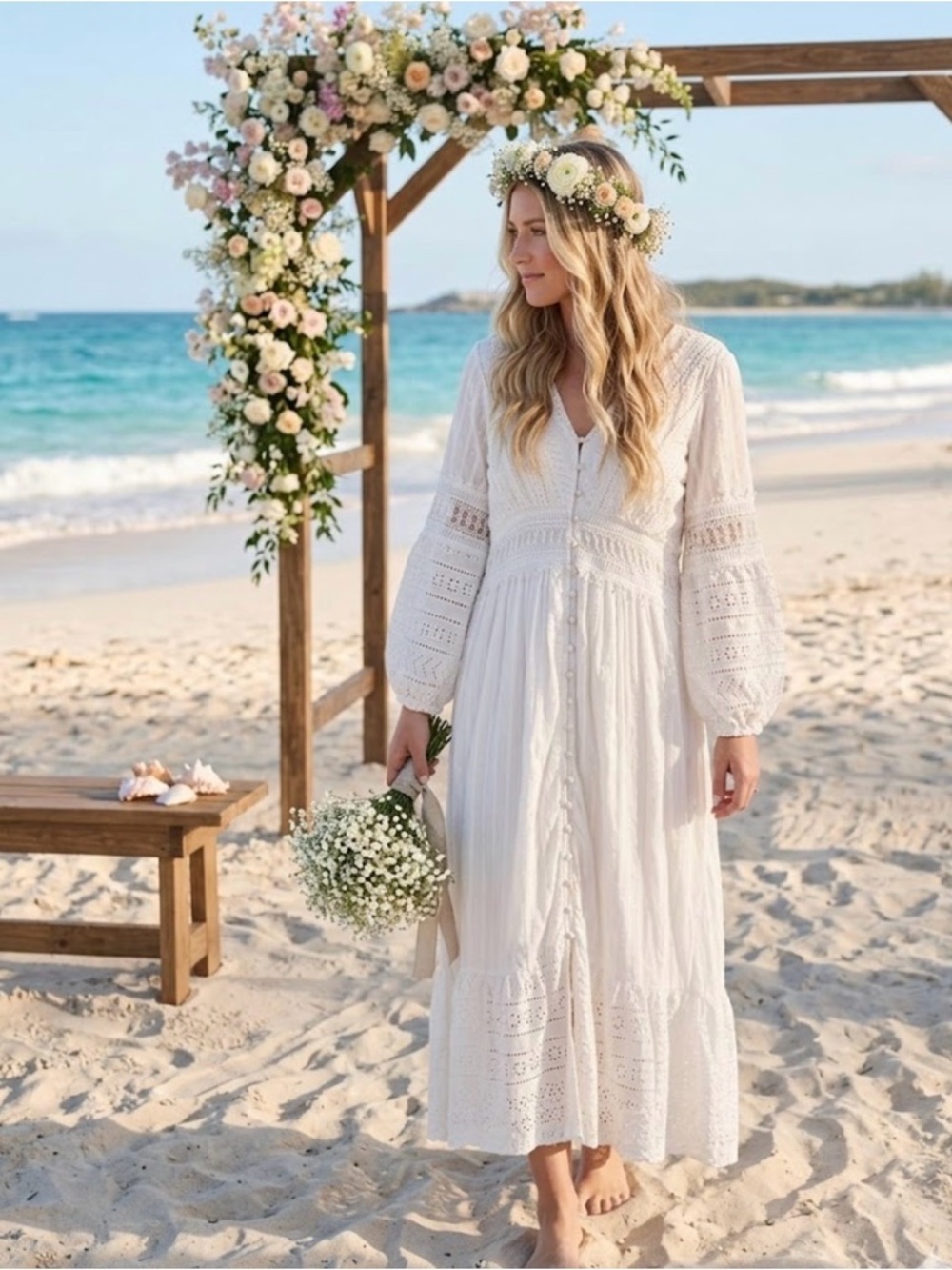 Anthropologie White Boho Dress Size 8 Lace Cotton Maxi Beach Wedding Bridal
